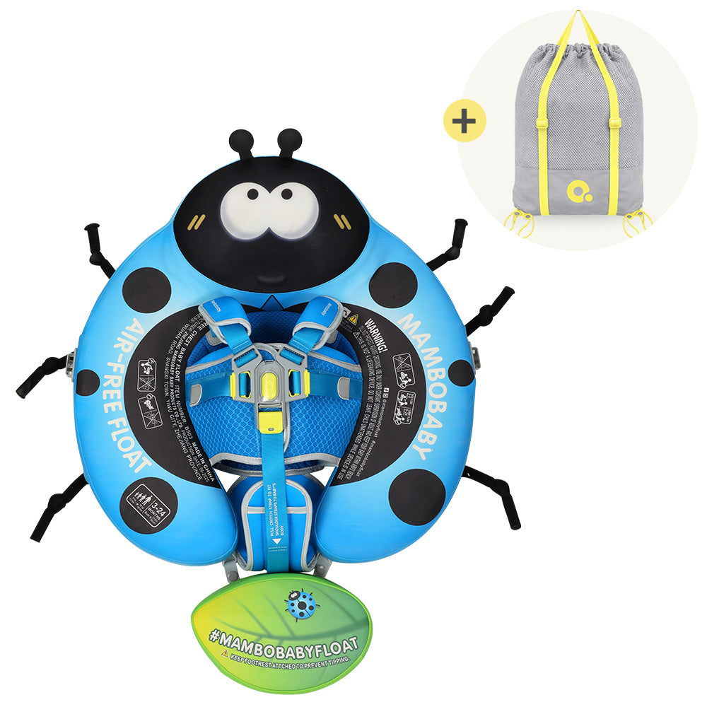 Blue and black ladybug-shaped inflatable baby float with a harness seat, shown with a green branded float tag and a small gray drawstring bag inset on a white background.